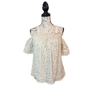 Love Notes Tan Floral Off Shoulder Top Women Medium Boho Cottagecore Blouse